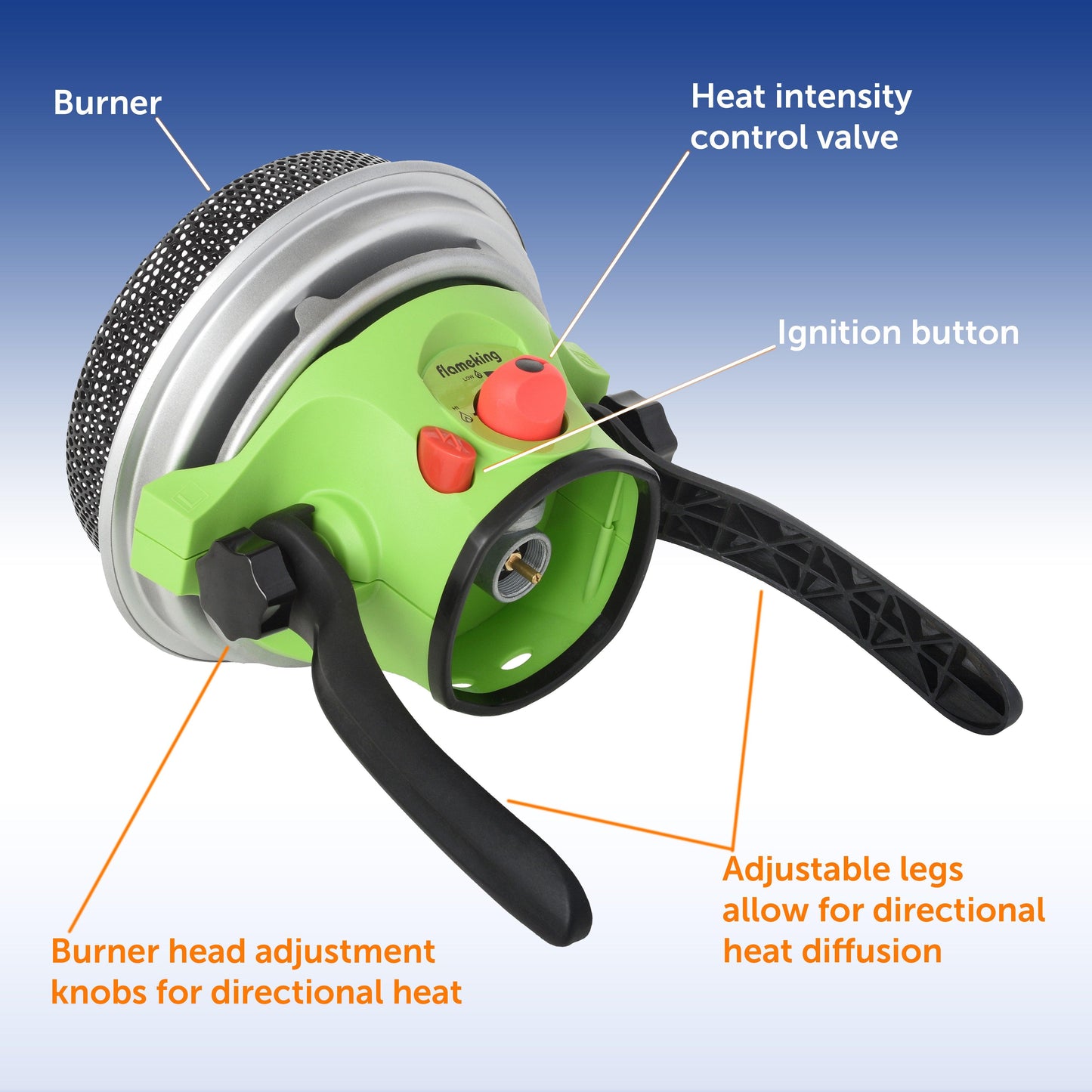 Flame King portable propane outdoor heater with piezo electric start, suitable for camping and outdoor heating.