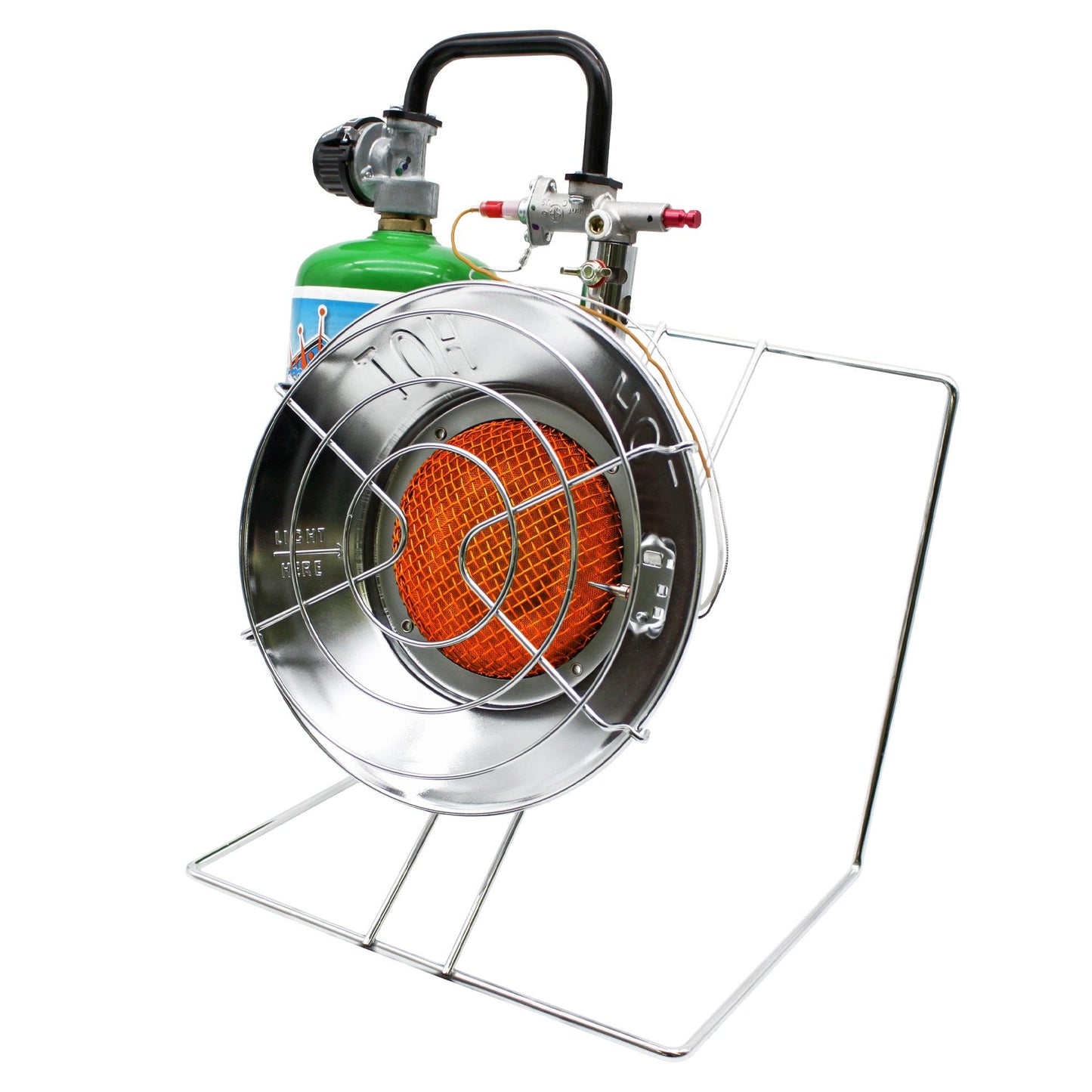 Portable Flame King burner cooker and heater for camping, featuring a compact design with control knobs and sturdy metal construction.