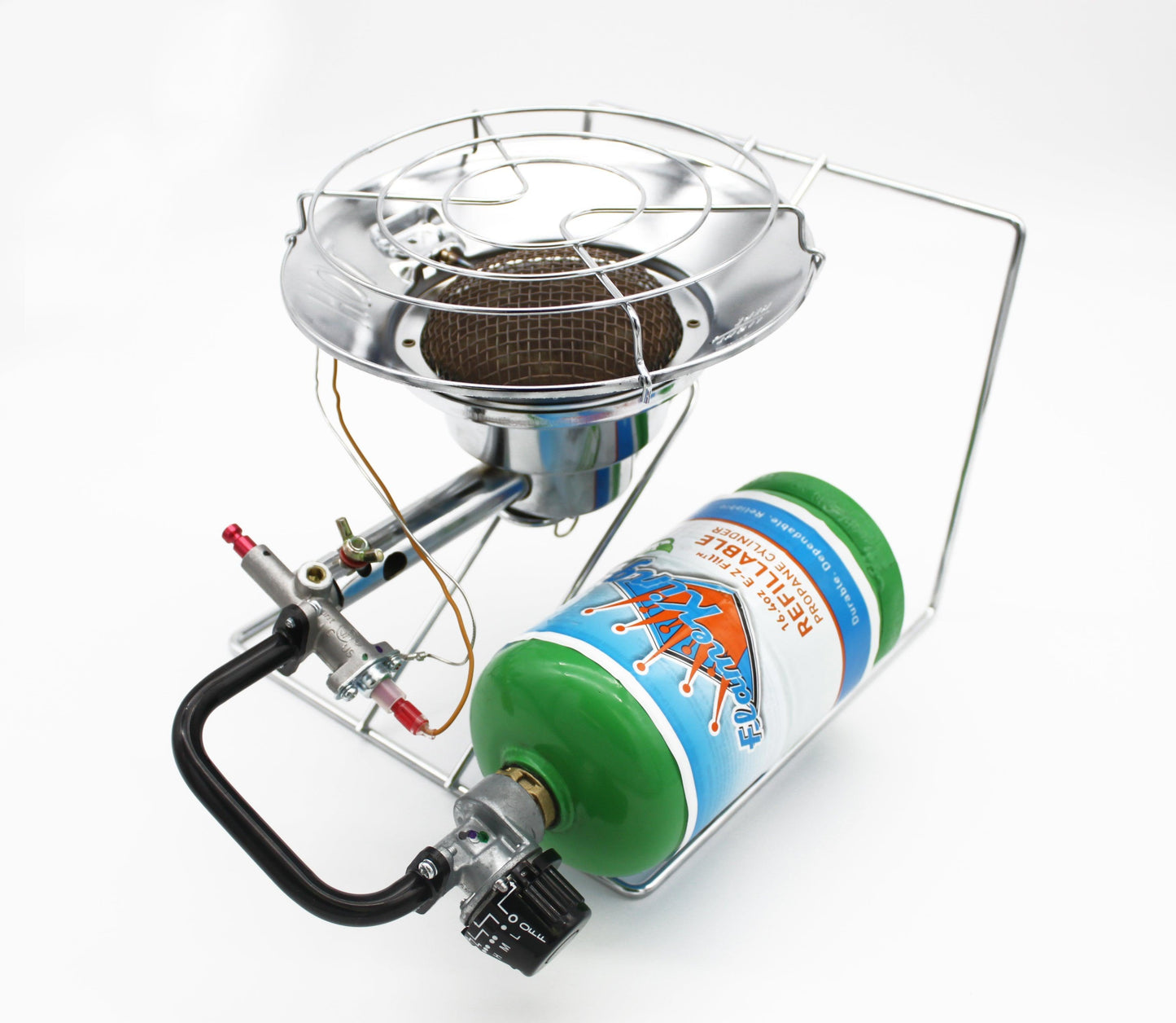 Flame King portable multi-use camping burner and heater with control knobs and sturdy base, ideal for outdoor cooking and heating.