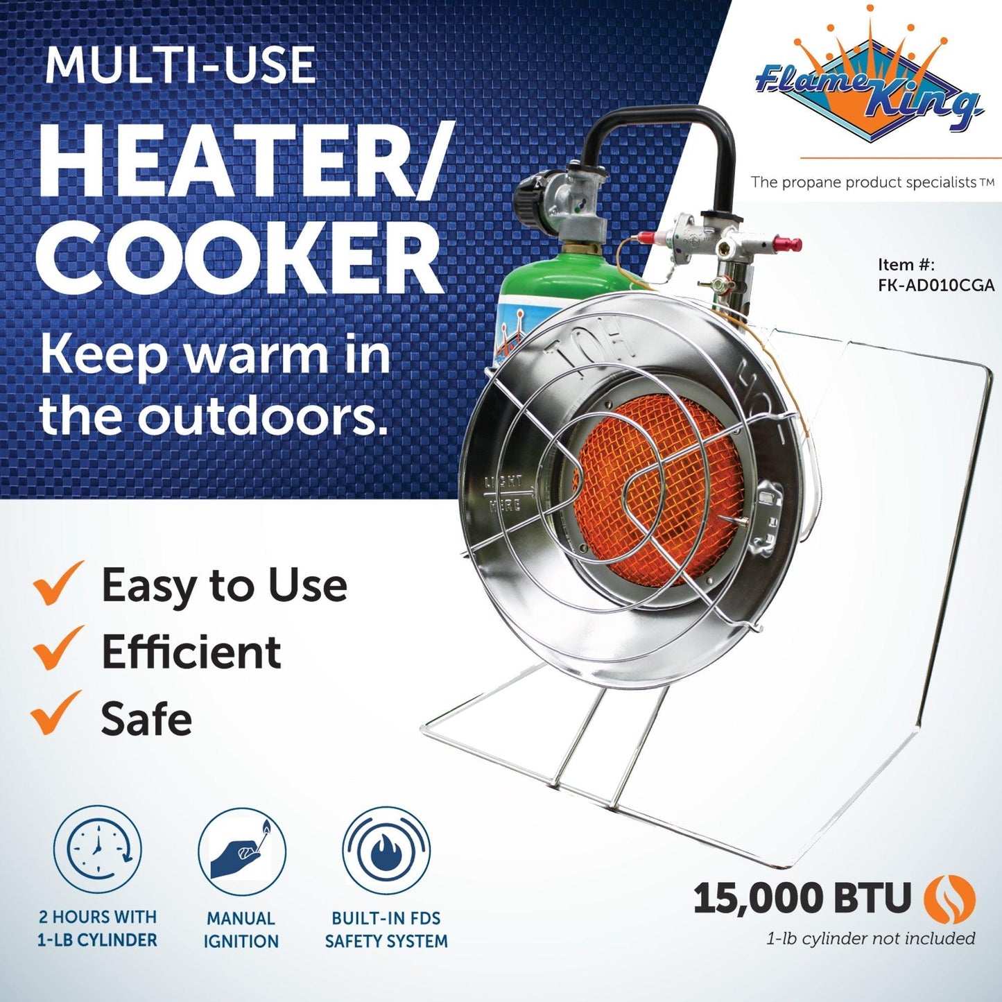 Portable Flame King multi-use camping burner and heater with control knobs and sturdy base, ideal for outdoor cooking and heating.