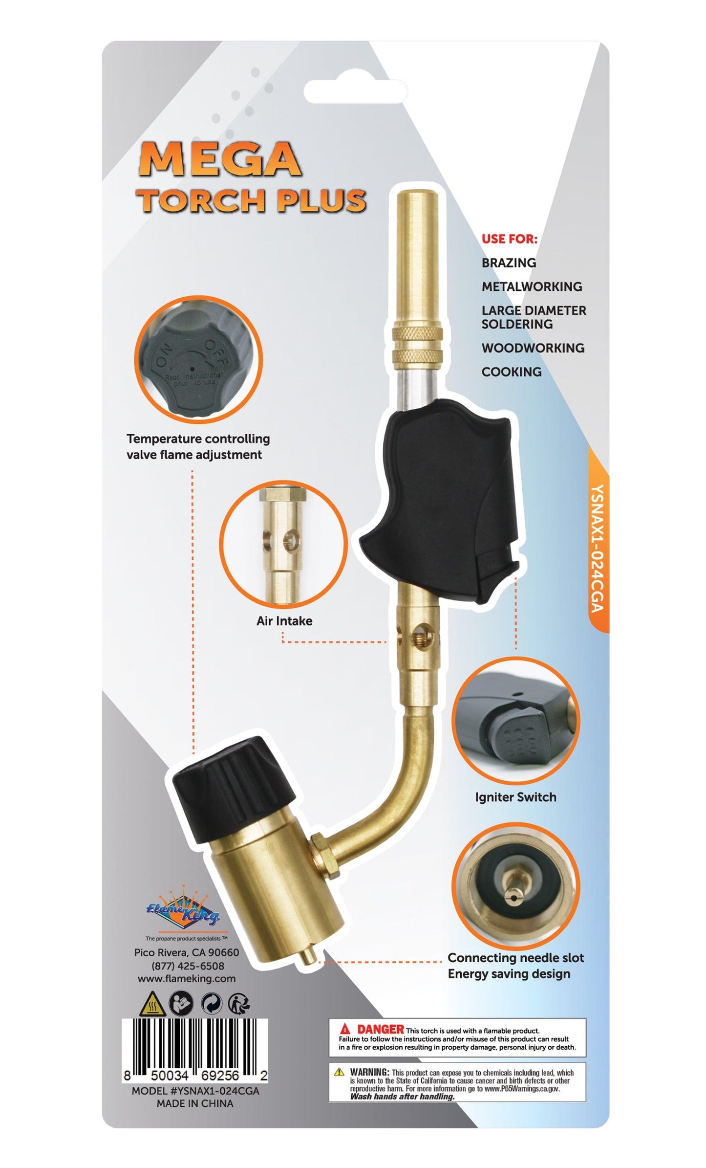 Flame King High Intensity Propane Torch Head with Piezo Igniter switch for weed burning and outdoor torch applications.
