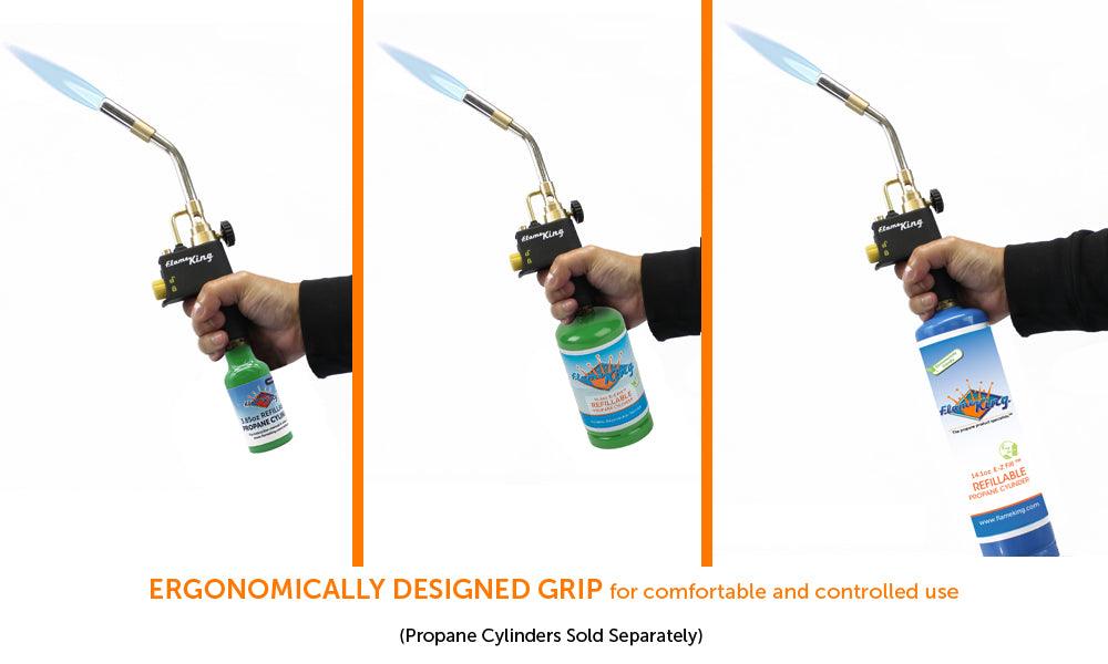 Flame King High Intensity Welding Propane Torch Head with swirl flame, used for weed burning and outdoor torching applications.