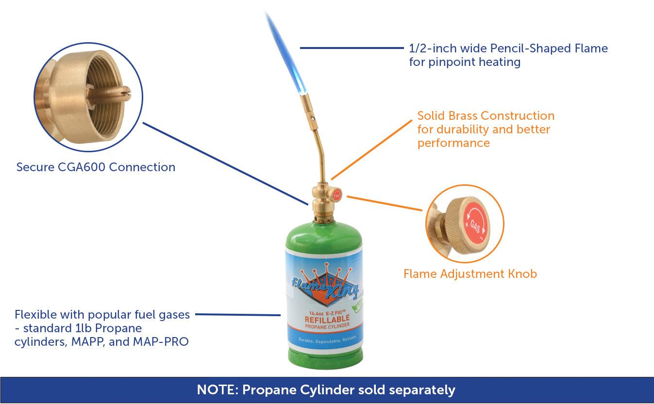 Flame King multi-purpose pencil propane torch head for weed burning and outdoor heating, branded Flame King Products.