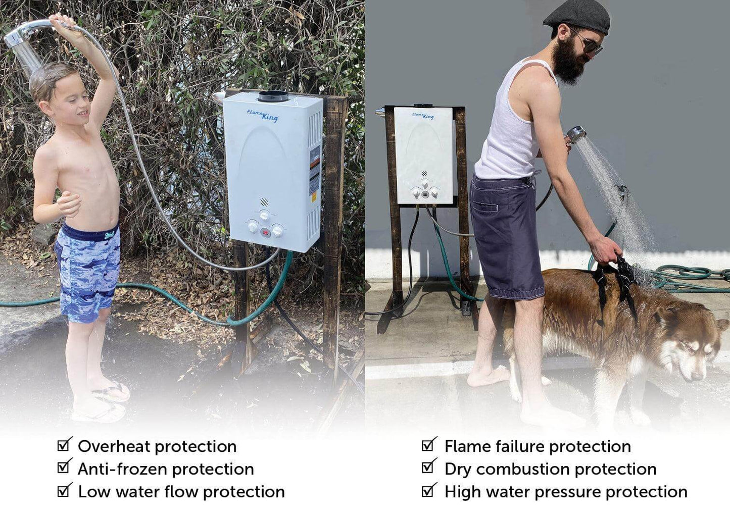 Flame King portable propane tankless water heater for camping, outdoor RV shower with 10L capacity and 68,000 BTU heating power