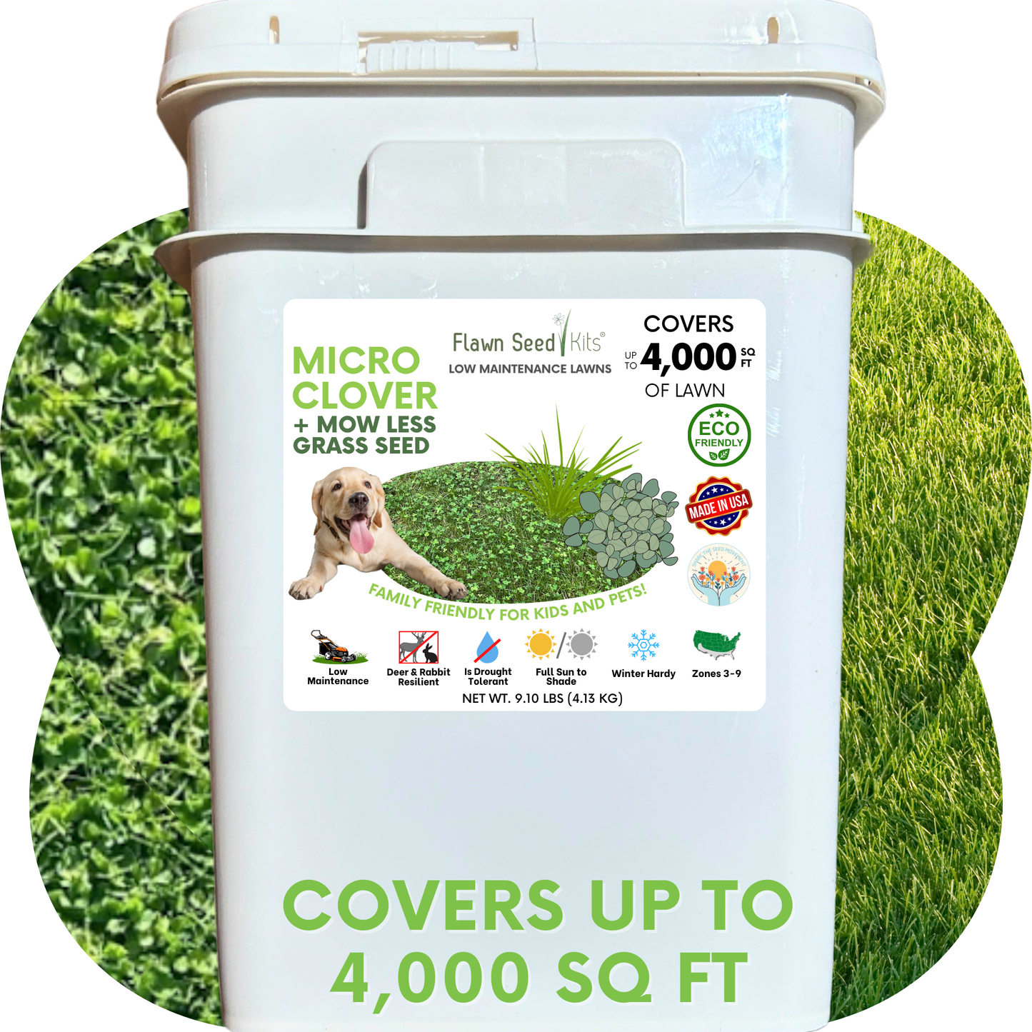Micro Clover and Mow Less Grass Seed in seed tape pouch, ideal for eco-friendly lawn growth, by Flawn Seed Kits.