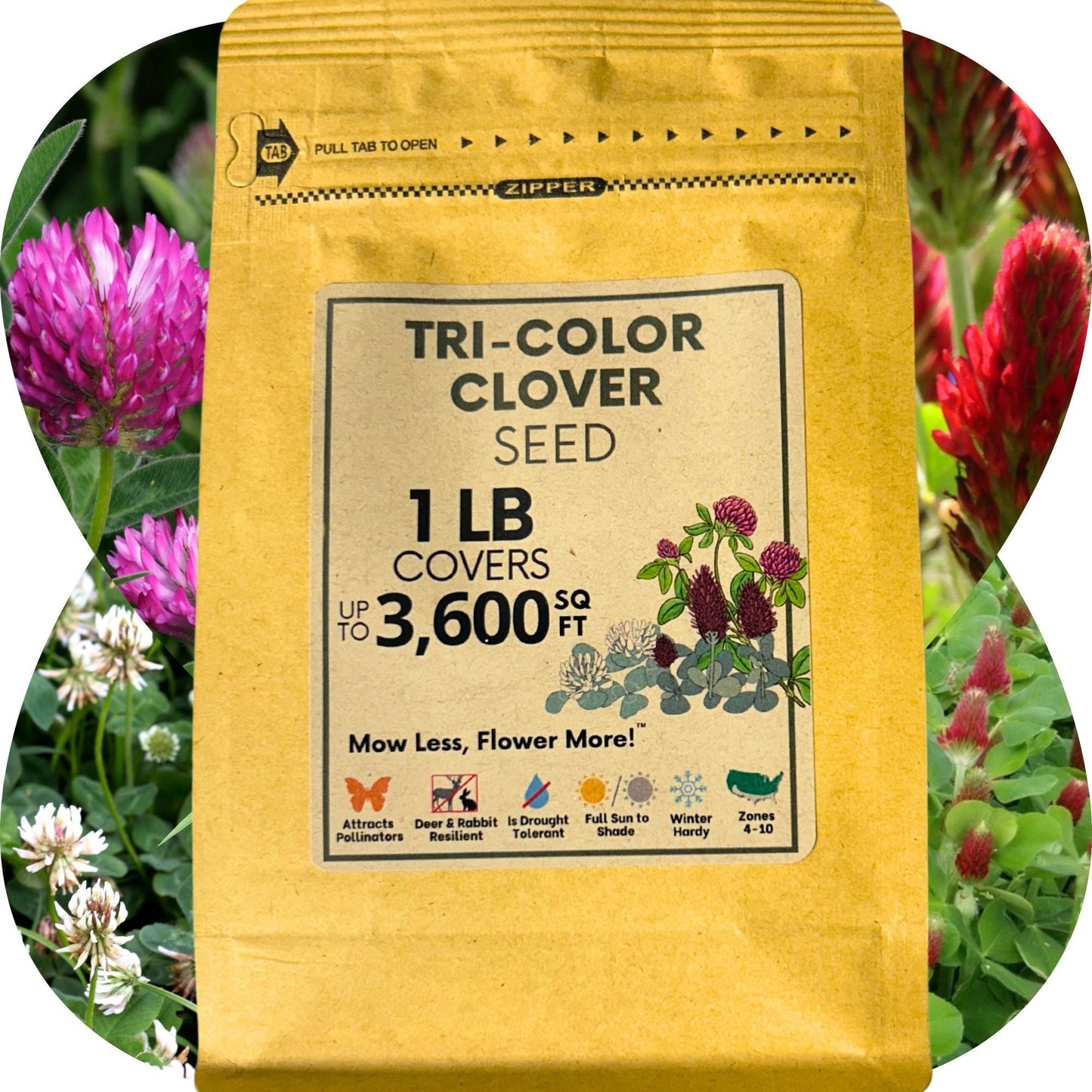 Tri-color clover seed blend from Flawn Seed Kits, shown in seed tape for planting, covering 100 sq ft of garden area