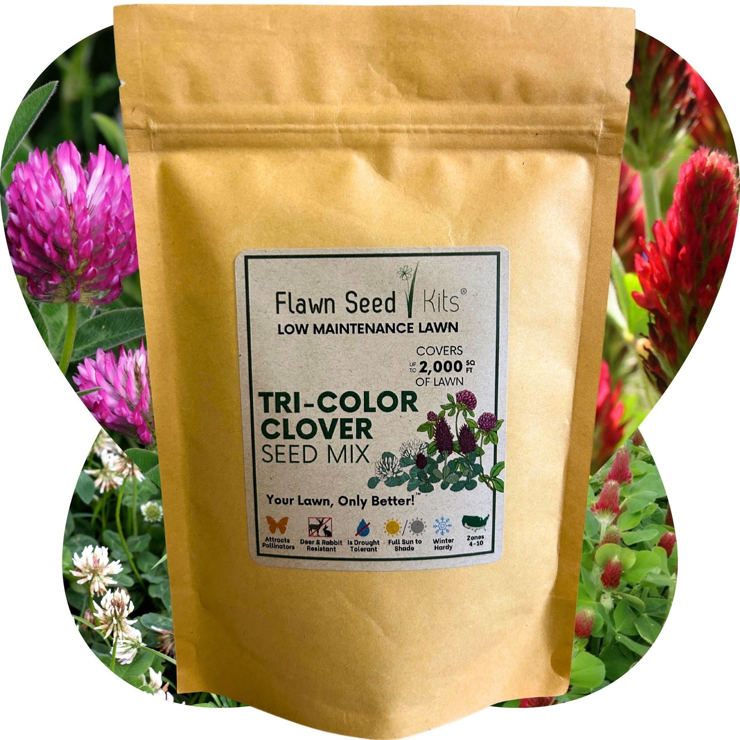 Tri-color clover seed blend from Flawn Seed Kits, shown in seed tape for planting across 100 sq ft.