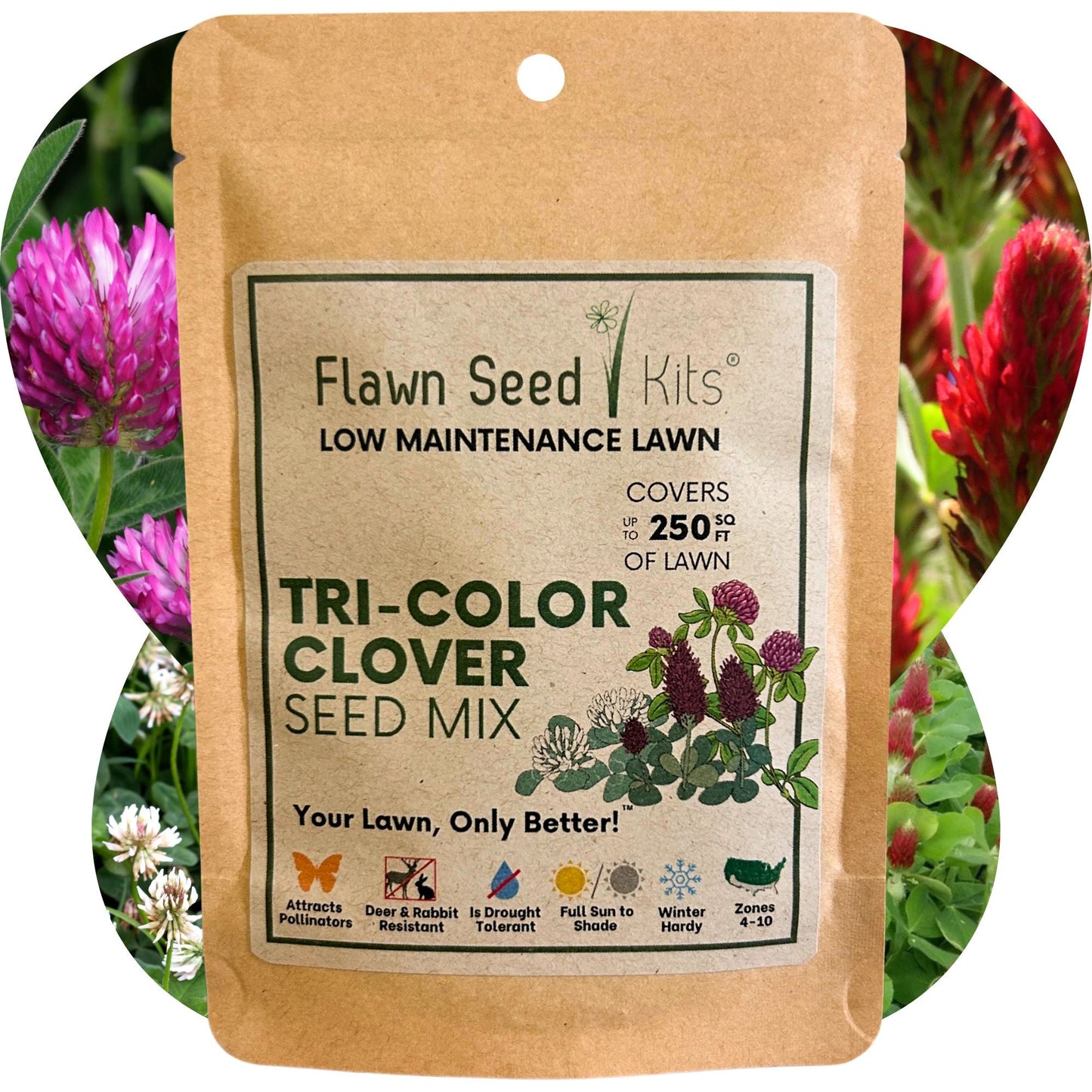 Tri-color clover seed blend from Flawn Seed Kits, in seed tape for easy planting, covers 100 sq ft for lush, colorful lawn or garden.