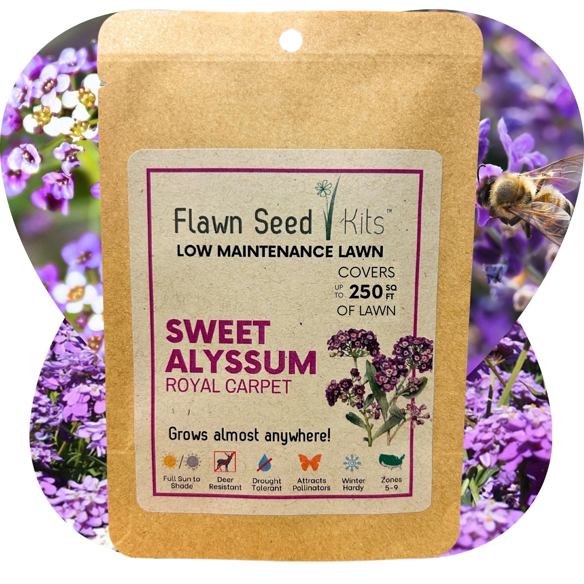 Sweet Alyssum Royal Carpet seed pouch from Flawn Seed Kits, showing seed tape for 250 sq ft of vibrant garden ground cover.