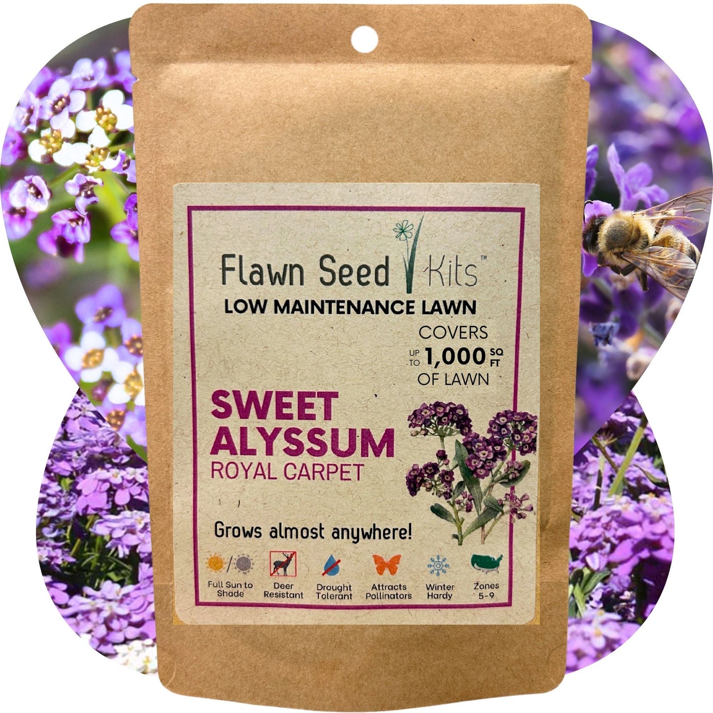 Sweet Alyssum Royal Carpet seed pouch from Flawn Seed Kits, showing seed tape for lush ground cover planting.