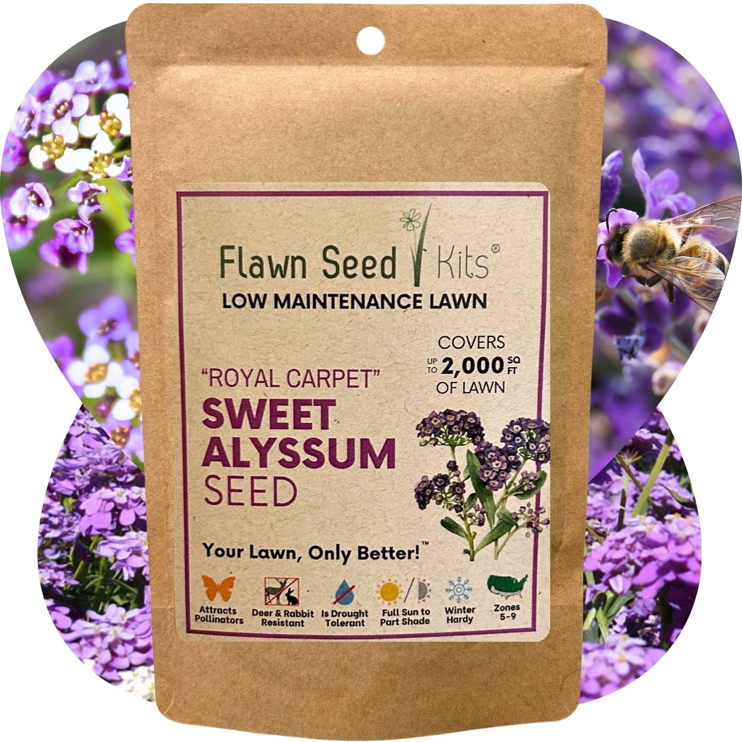 Sweet Alyssum Royal Carpet seed pouch from Flawn Seed Kits, showing seed tape for planting in garden beds.