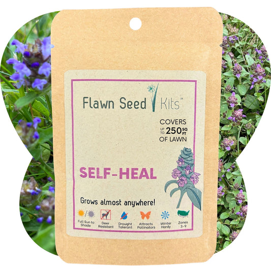 Self-Heal seed pouch from Flawn Seed Kits featuring seed tape for easy planting in a 250 sq ft area.