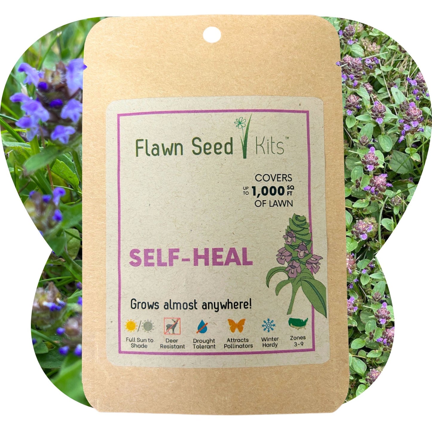 Self-Heal seed pouch from Flawn Seed Kits containing seed tape for gardening, 25 oz, suitable for 250 sq ft planting area.