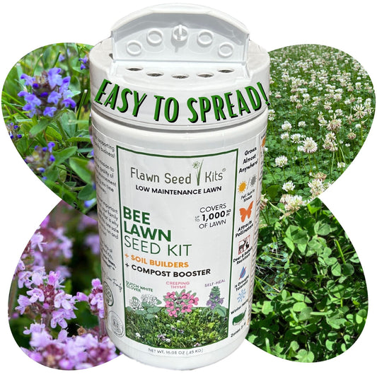 Flawn Seed Kits Bee Lawn Seed Kit with easy spread shaker, includes seed tape for 250 sq ft of bee-friendly lawn planting.