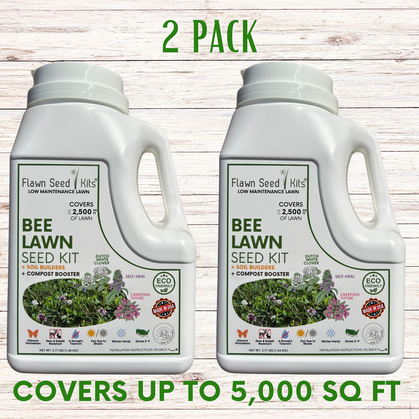 Bee Lawn Seed Kit by Flawn Seed Kits with easy spread shaker, containing seed tape for creating a bee-friendly lawn in 250 sq ft.