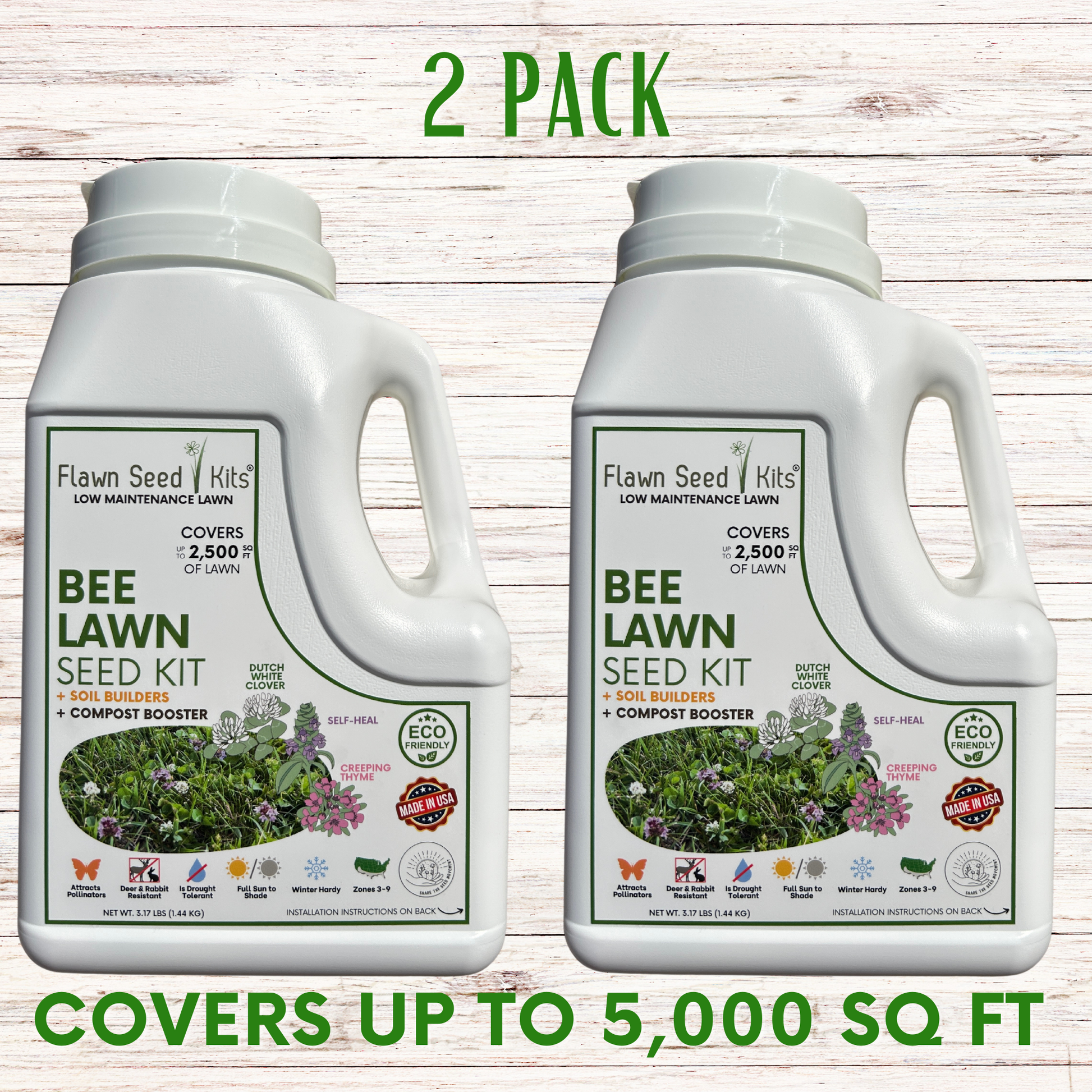 Bee Lawn Seed Kit by Flawn Seed Kits with easy spread shaker, containing seed tape for creating a bee-friendly lawn in 250 sq ft.