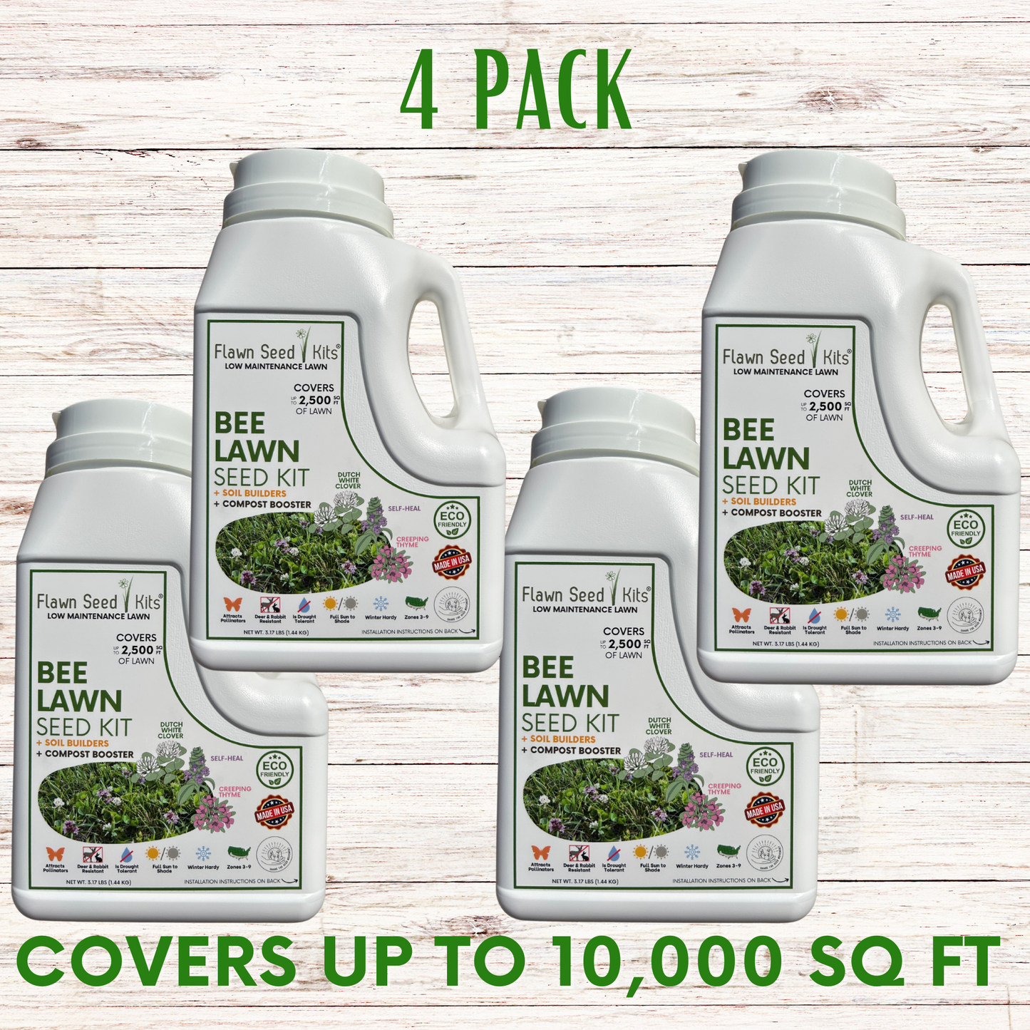 Flawn Seed Kits Bee Lawn Seed Kit with easy spread shaker for planting seeds and seed tape on 250 sq ft of lawn.