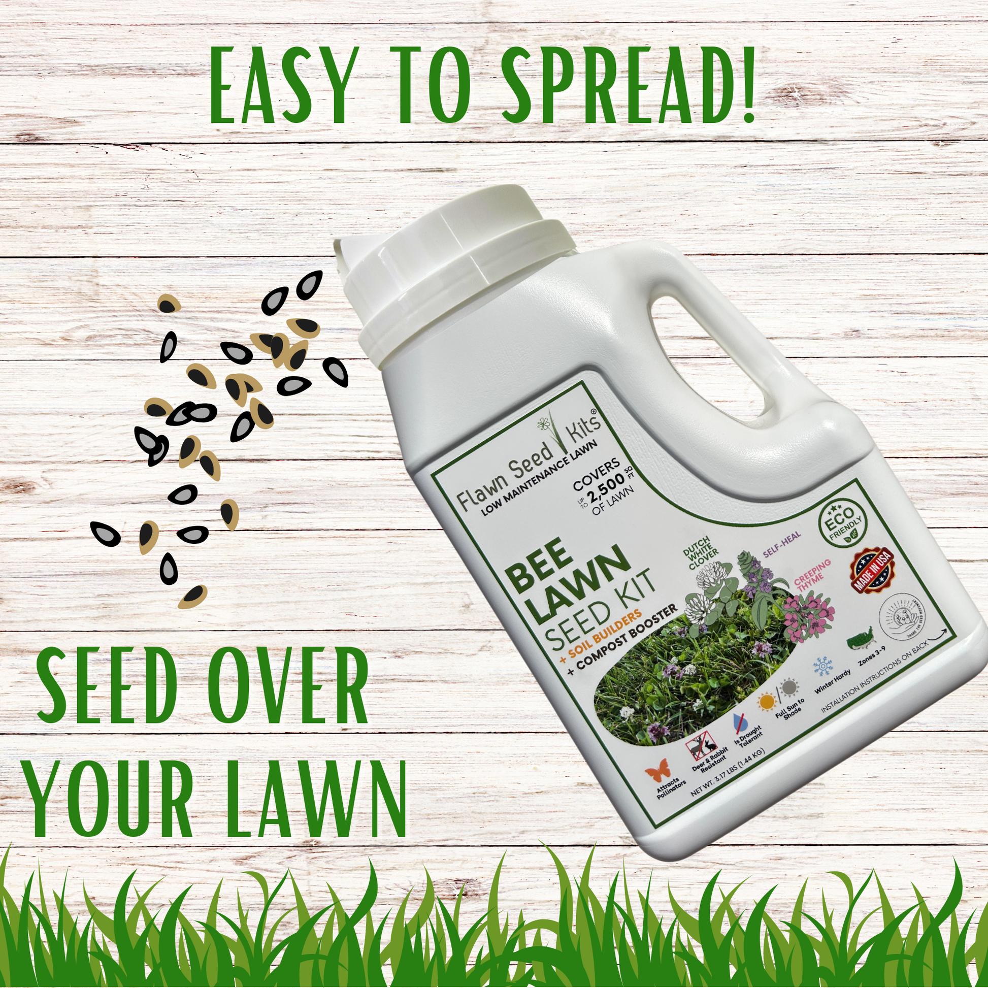 Flawn Seed Kits Bee Lawn Seed Kit with seed tape for easy spreading, ideal for creating a bee-friendly lawn in 250 sq ft.