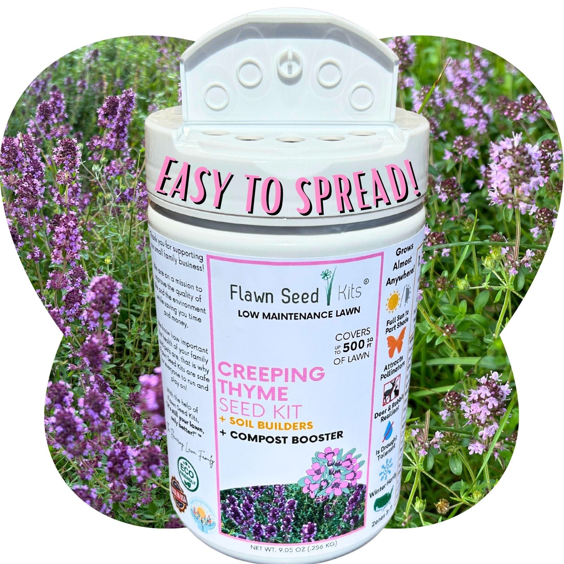 Creeping Thyme seeds in Flawn Seed Kits Easy Spread Shaker for planting, ideal for garden ground cover and fragrant landscaping.