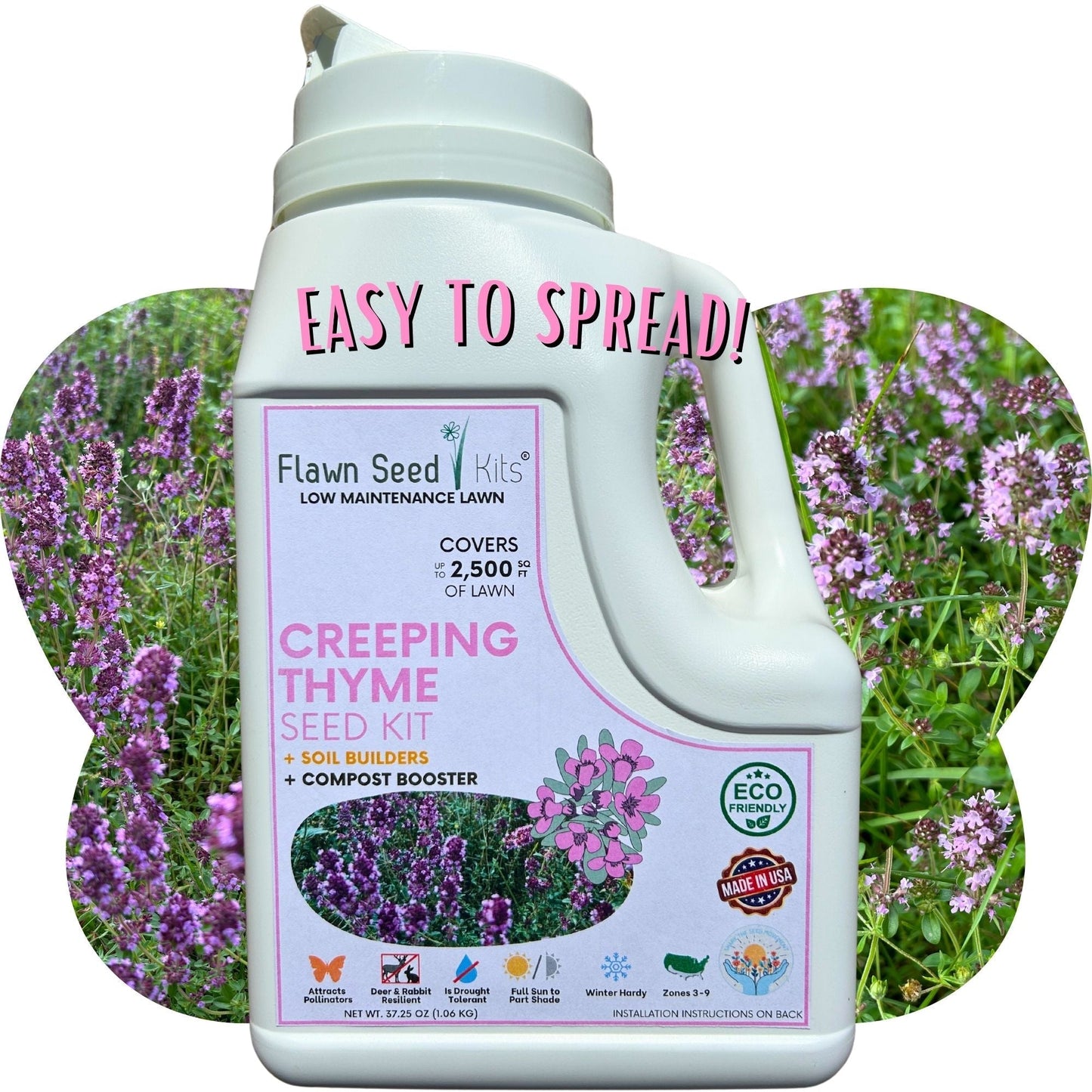 Creeping Thyme seeds in a Flawn Seed Kits easy spread shaker for planting in garden or lawn, covers 250 sq ft.