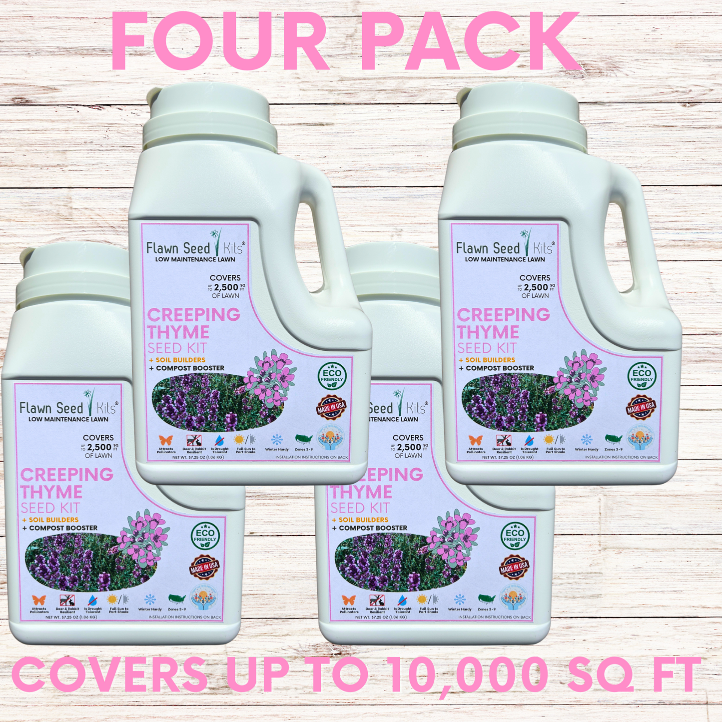 Creeping thyme seeds in Flawn Seed Kits easy spread shaker for planting, shown on seed tape in 250 sq ft coverage.