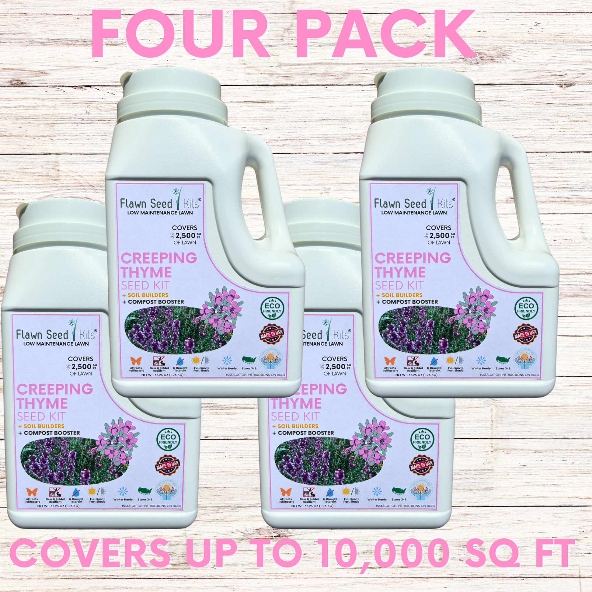 Creeping thyme seeds in Flawn Seed Kits easy spread shaker for planting, shown on seed tape in 250 sq ft coverage.