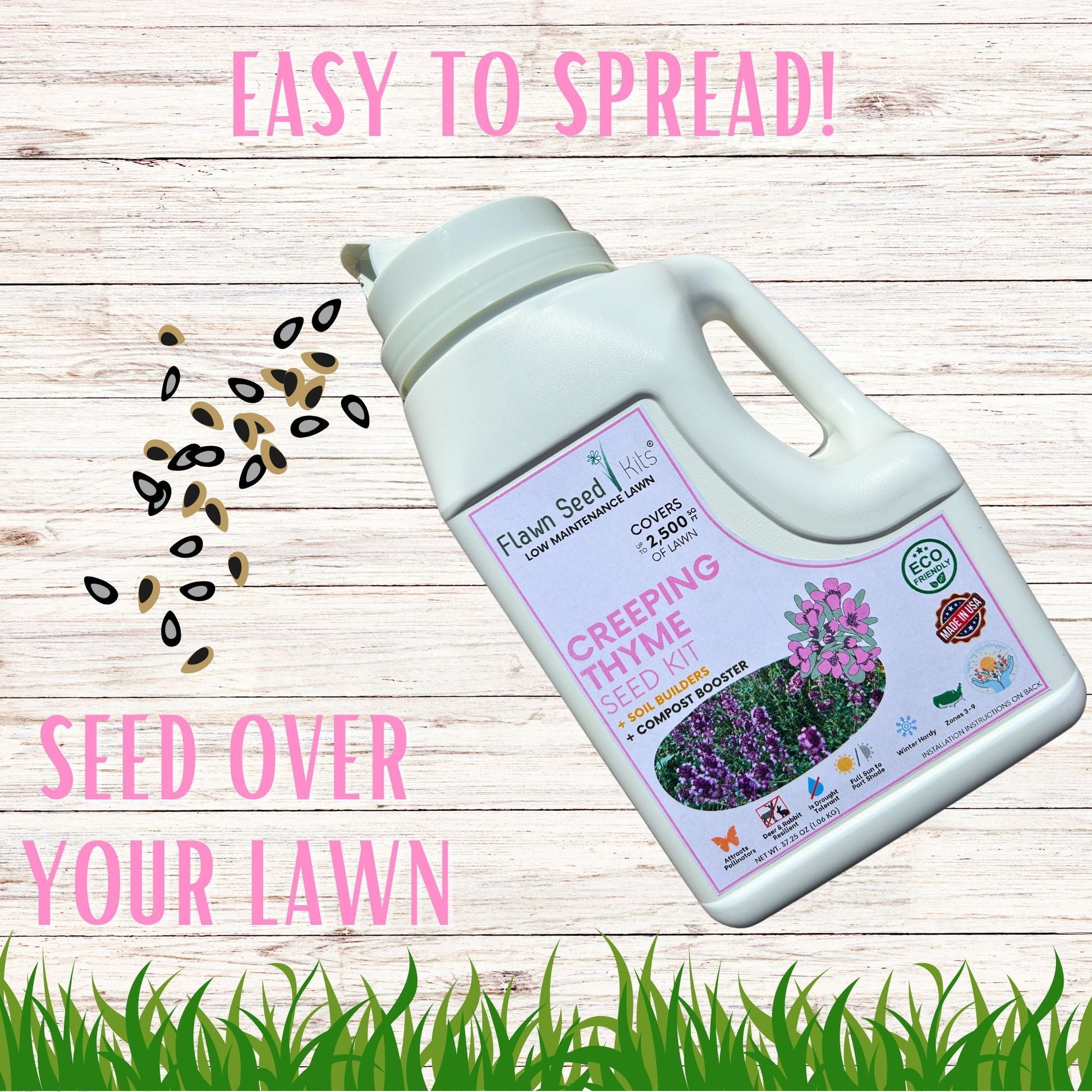 Creeping Thyme Easy Spread Shaker from Flawn Seed Kits, seeds and seed tape for ground cover, suitable for 250 sq ft.