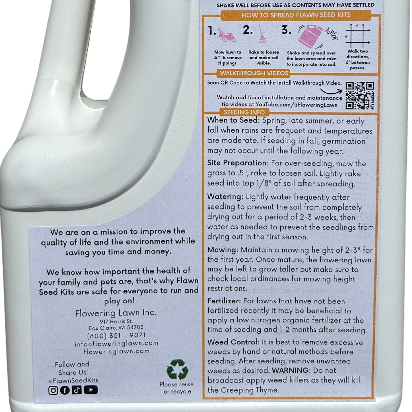 Creeping thyme seeds in Flawn Seed Kits seed tape, easy spread shaker for planting in a garden or landscape.