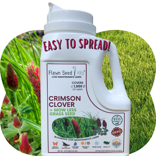 Crimson Clover and Mow Less Grass Seed in Flawn Seed Kits seed tape, designed for 250 sq ft lawns, showing seed tape close-up.
