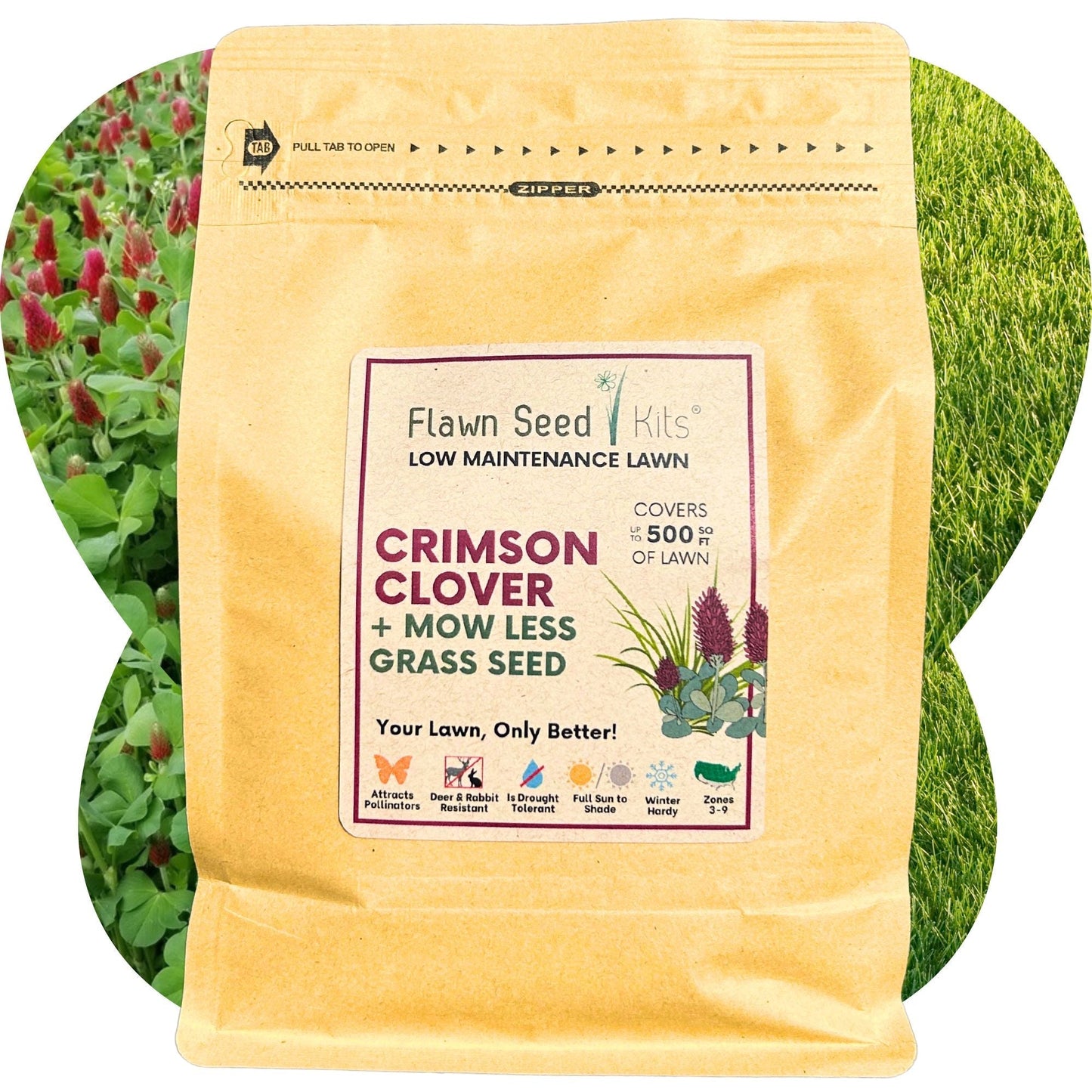 Crimson Clover and Mow Less Grass Seed in seed tape by Flawn Seed Kits, designed for easy planting and lush lawn growth.