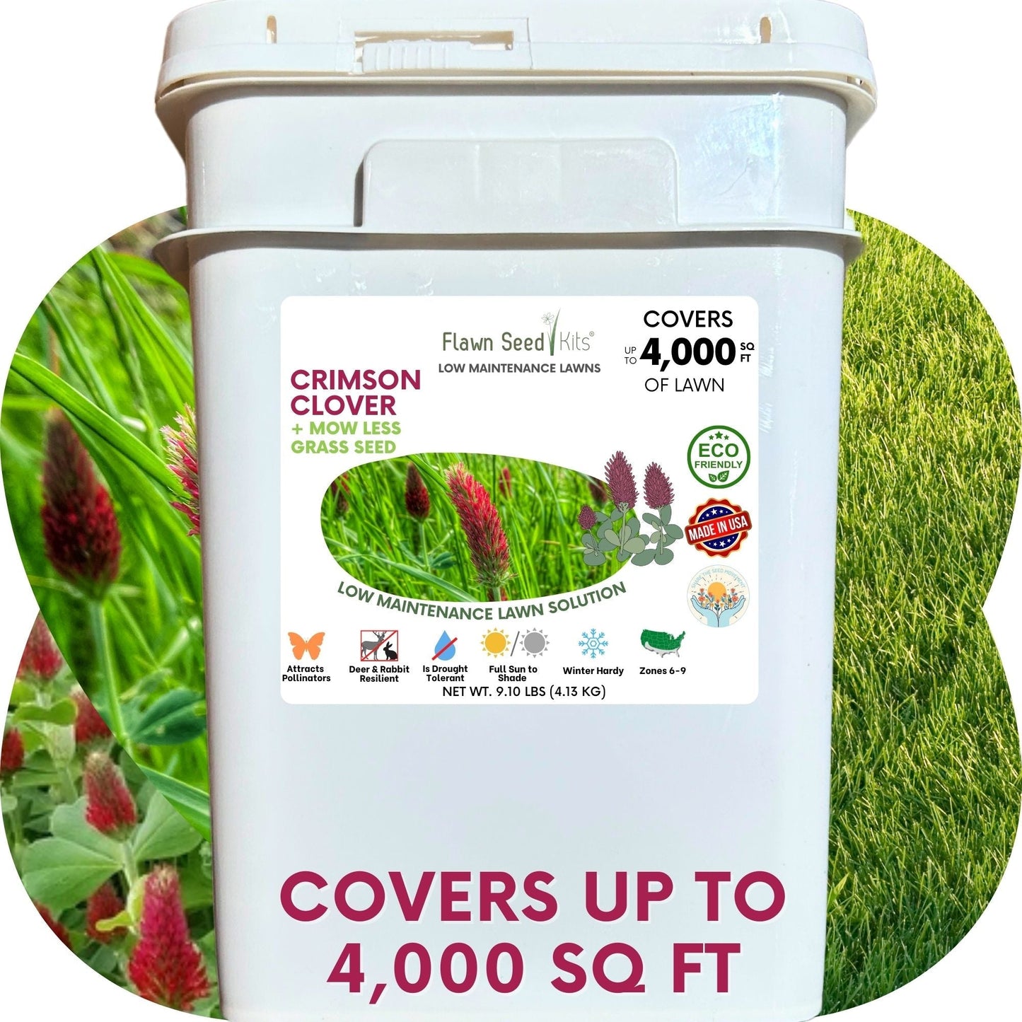 Crimson Clover and Mow Less Grass Seed in seed tape by Flawn Seed Kits for 250 sq ft of lawn coverage.
