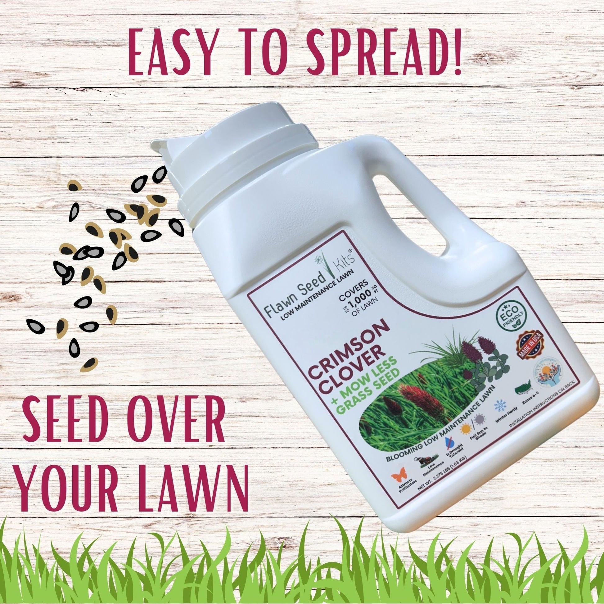 Crimson Clover and Mow Less Grass Seed in seed tape from Flawn Seed Kits, designed for 250 sq ft of lawn coverage.
