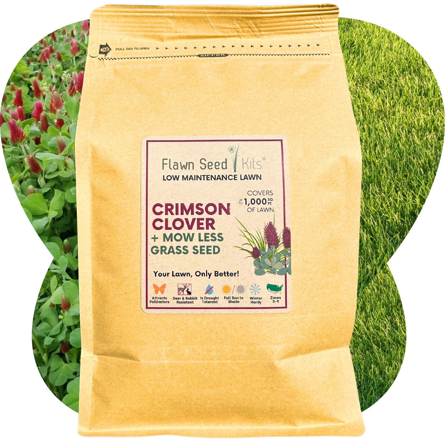 Crimson Clover and Mow Less Grass Seed in seed tape for lawns, from Flawn Seed Kits, showing the seed tape roll on a white background.