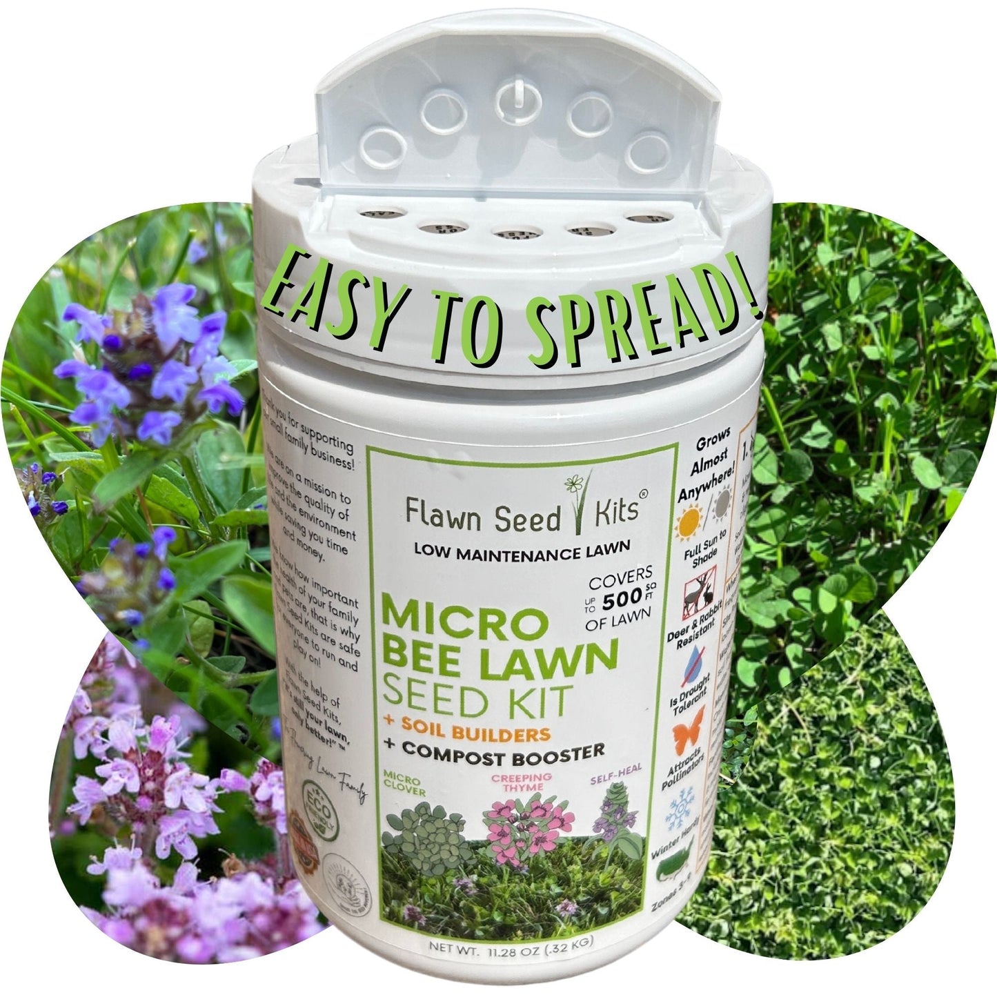 Micro Clover Bee Lawn Seed Mixture from Flawn Seed Kits in a shaker for easy spreading, designed for eco-friendly, bee-friendly lawns.