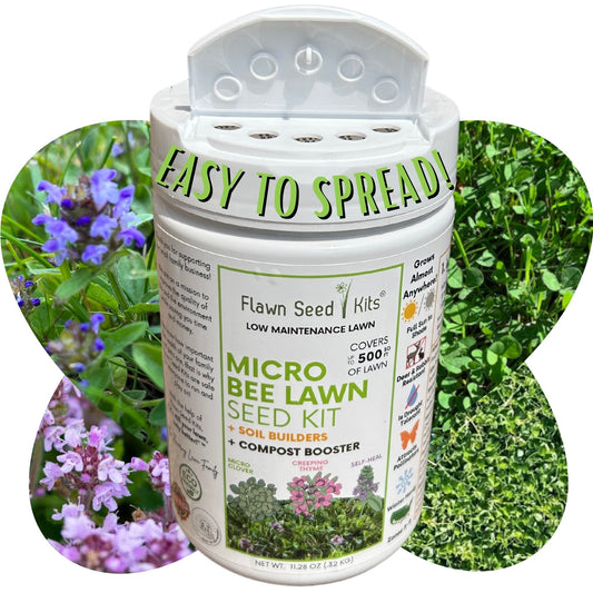 Micro Clover Bee Lawn Seed Mixture from Flawn Seed Kits in a shaker for easy spreading, designed for eco-friendly, bee-friendly lawns.