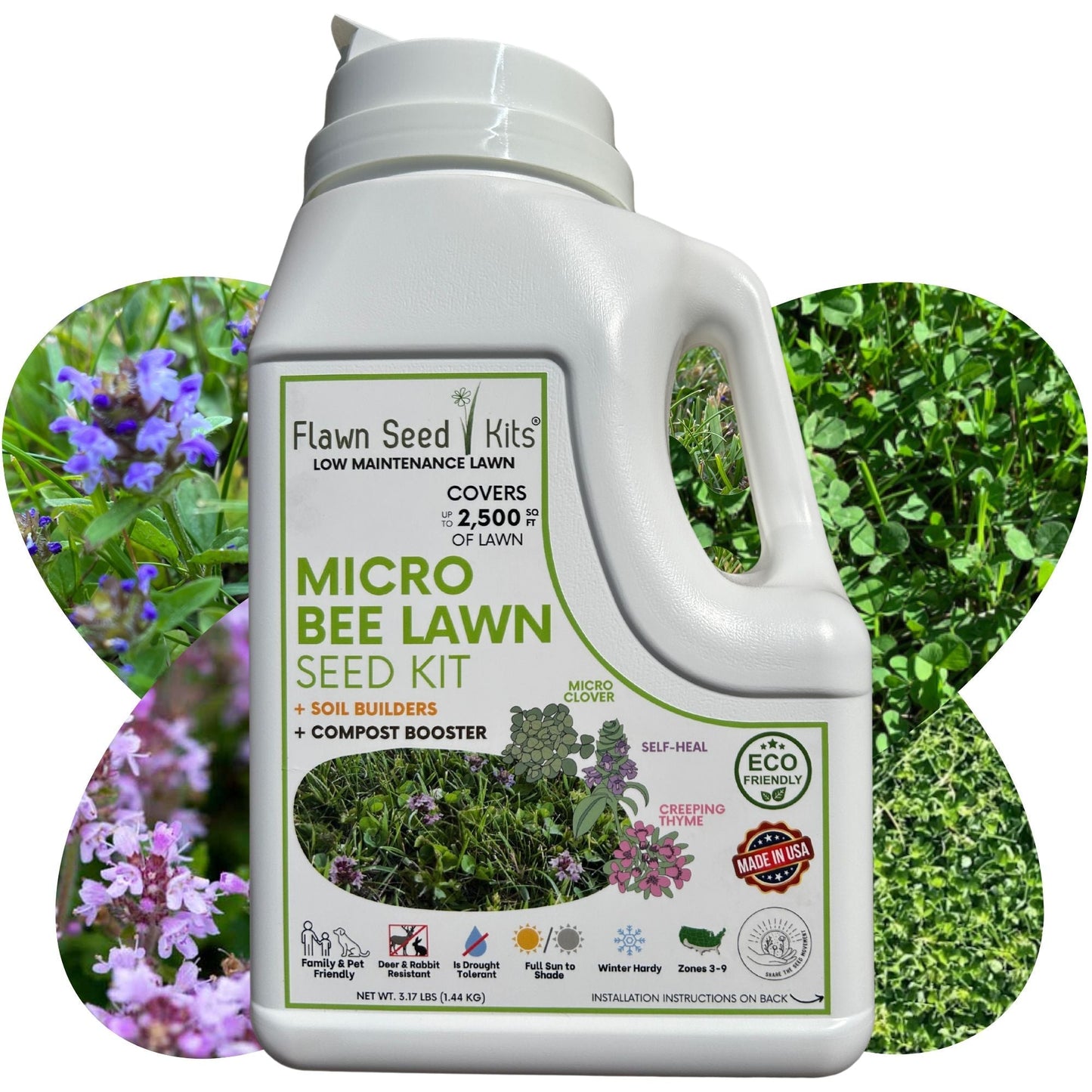 Micro clover bee lawn seed mixture from Flawn Seed Kits in a shaker for easy spreading on seeds and seed tape, covers 250 sq ft.