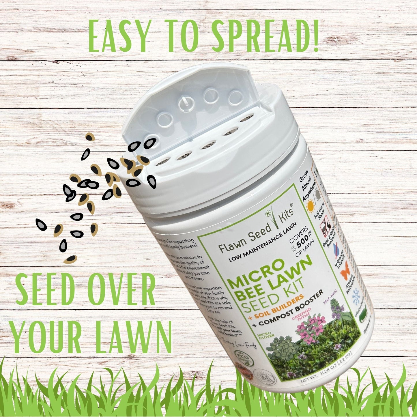 Micro Clover Bee Lawn Seed Mixture in shaker, showing seed tape for easy spreading, from Flawn Seed Kits for eco-friendly lawns.