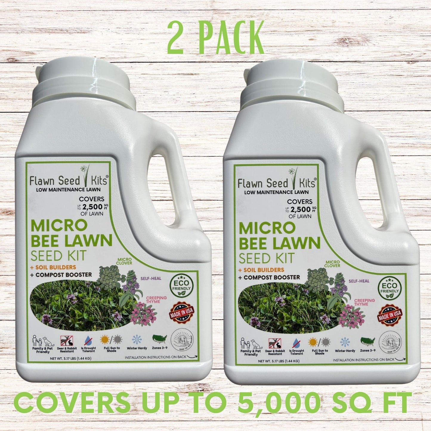 Micro clover bee lawn seed mixture in a shaker for easy spreading, part of Flawn Seed Kits' Seeds & Seed Tape collection.