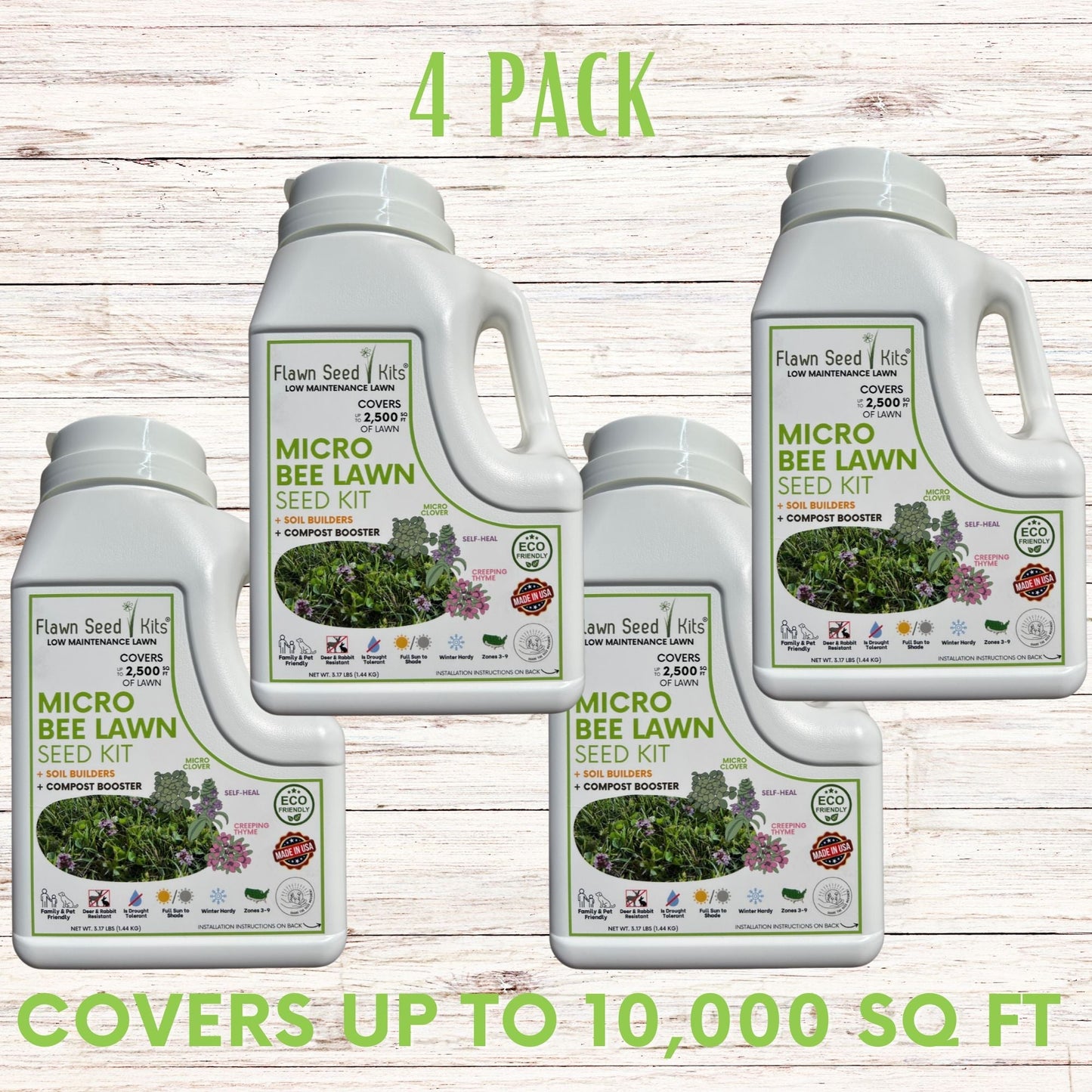 Micro clover bee lawn seed mixture in an easy spreader shaker for Flawn Seed Kits, ideal for creating a bee-friendly lawn.