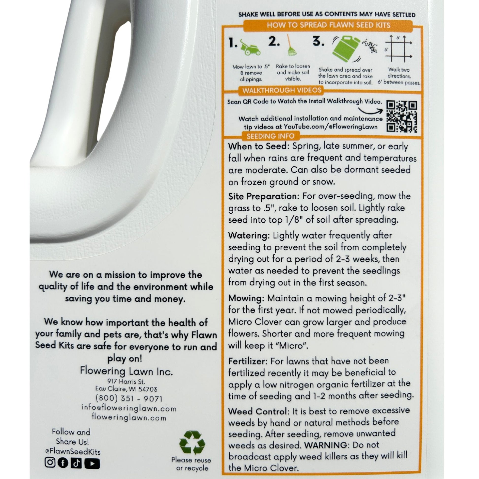 Micro clover bee lawn seed mixture from Flawn Seed Kits in a shaker for easy spreading, shown spread on a lawn area.