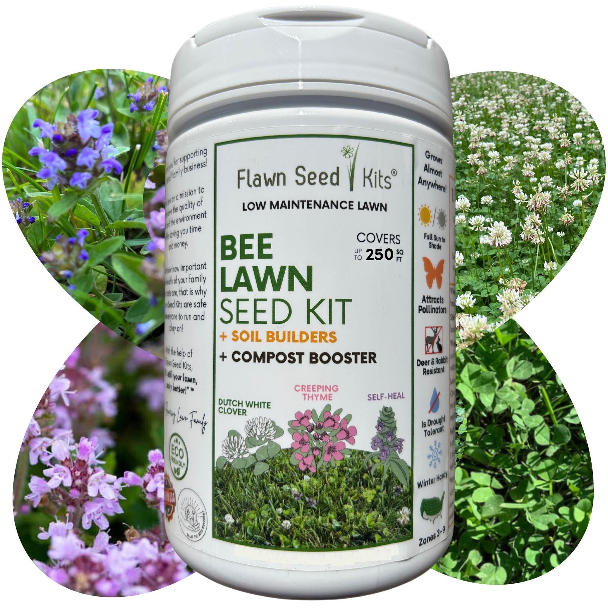 Micro Clover Bee Lawn Seed Mixture from Flawn Seed Kits, easy spread seed tape for creating a bee-friendly lawn.
