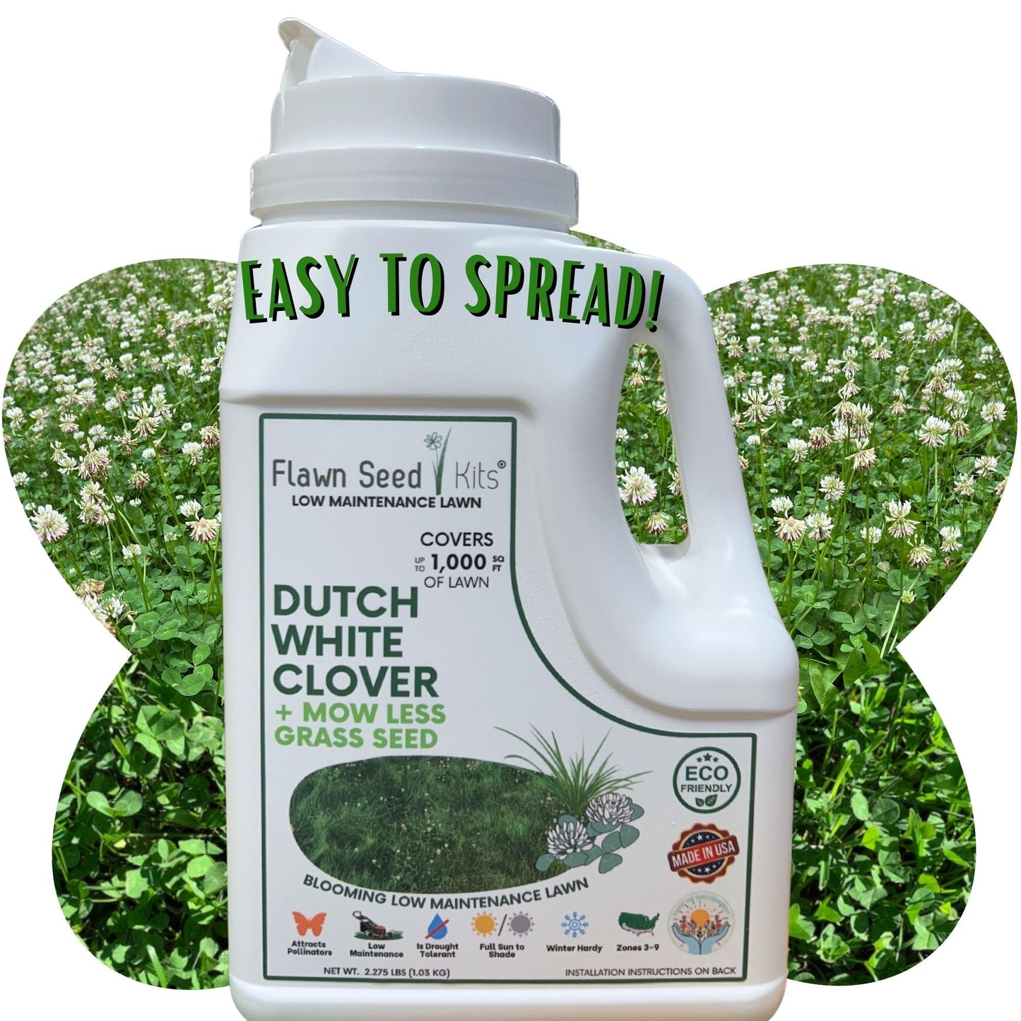 Dutch White Clover and Mow Less Grass Seed in Flawn Seed Kits seed tape, designed for lawn patching and sustainable grass growth.