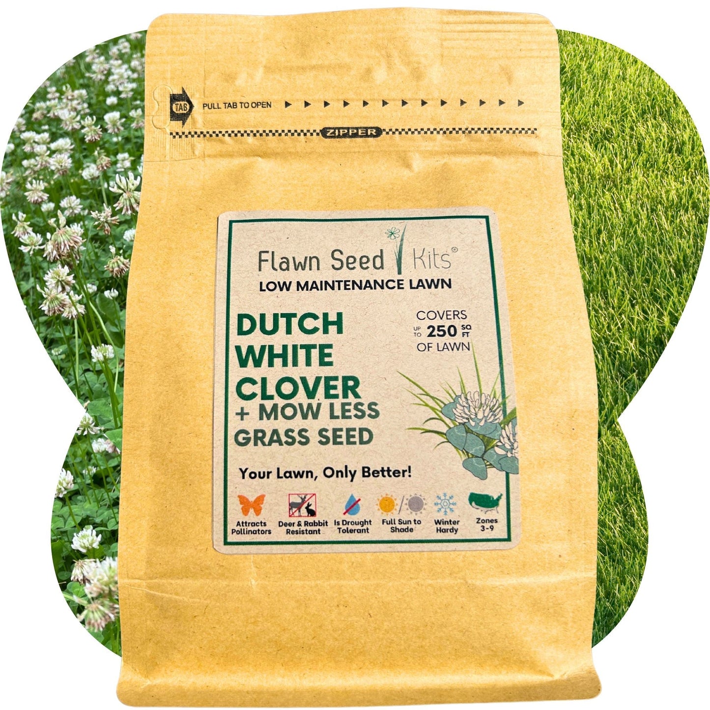 Dutch White Clover and Mow Less Grass Seed in seed tape, shown in pouch, ideal for lawn patching and natural ground cover.