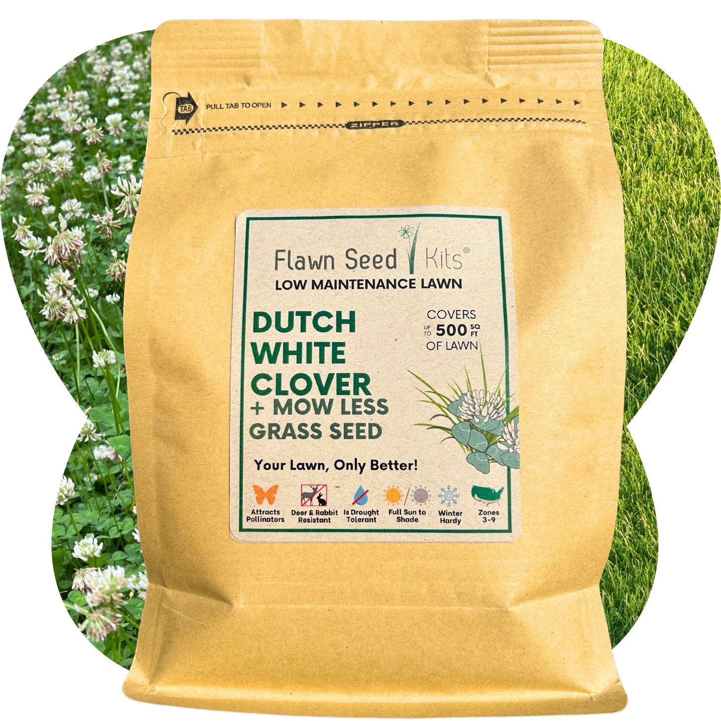 Dutch White Clover and Mow Less Grass Seed in seed tape pouch, Flawn Seed Kits, for 250 sq ft of lawn.