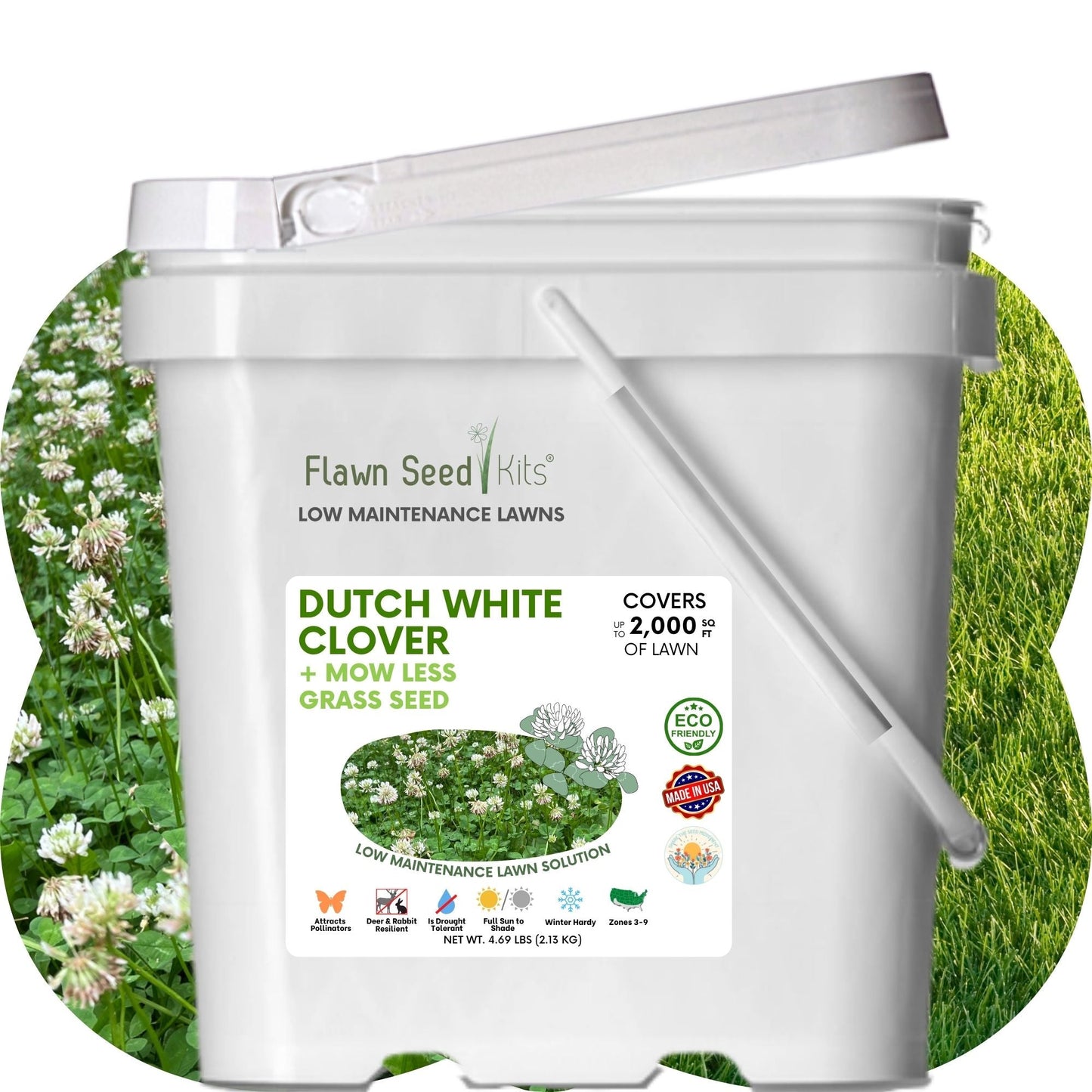 Dutch White Clover and Mow Less Grass Seed in Flawn Seed Kits seed tape for 250 sq ft lawn patch, natural green grass and clover visible.