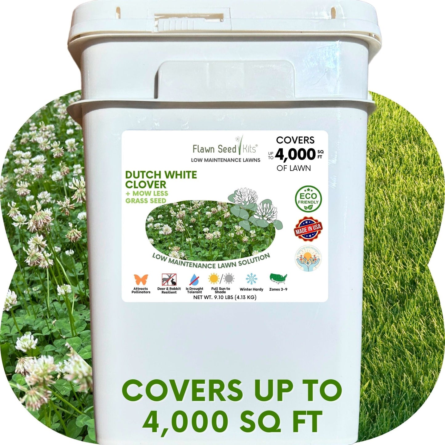 Dutch White Clover and Mow Less grass seed in Flawn Seed Kits seed tape pouch, designed for 250 sq ft of lawn coverage.