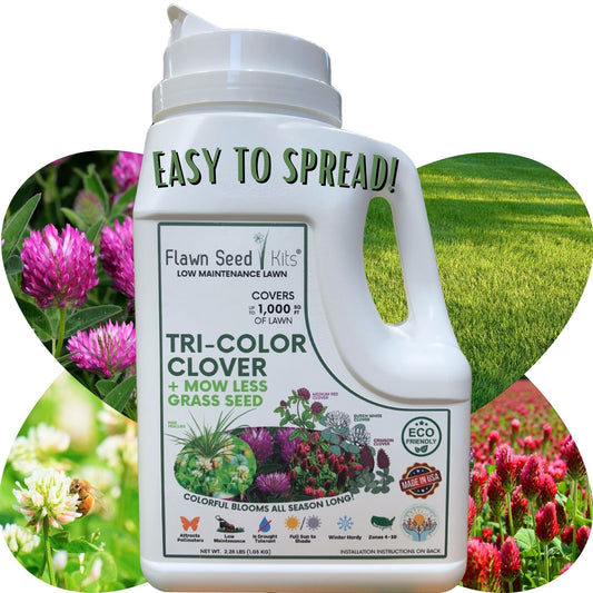 Tri-color clover and Mow Less grass seed in Flawn Seed Kits seed tape pouch, designed for 250 sq ft of lawn.