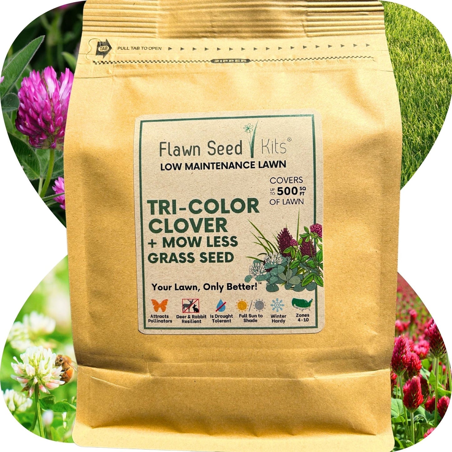 Tri-color clover and Mow Less grass seed in Flawn Seed Kits seed tape for 250 sq ft lawn coverage.