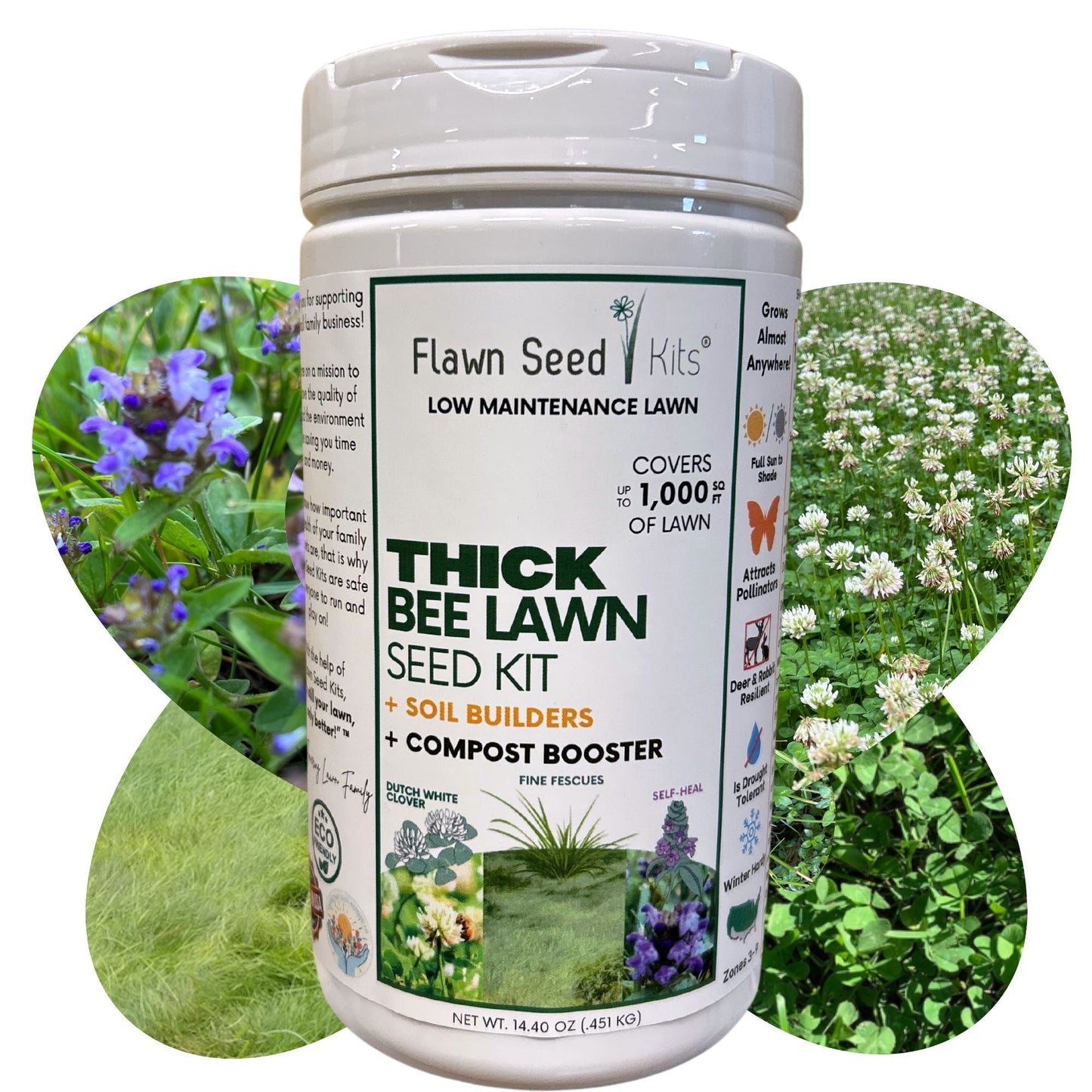 Thick Bee Lawn Seed Kit by Flawn Seed Kits with seeds and seed tape for creating a 250 sq ft bee-friendly lawn.