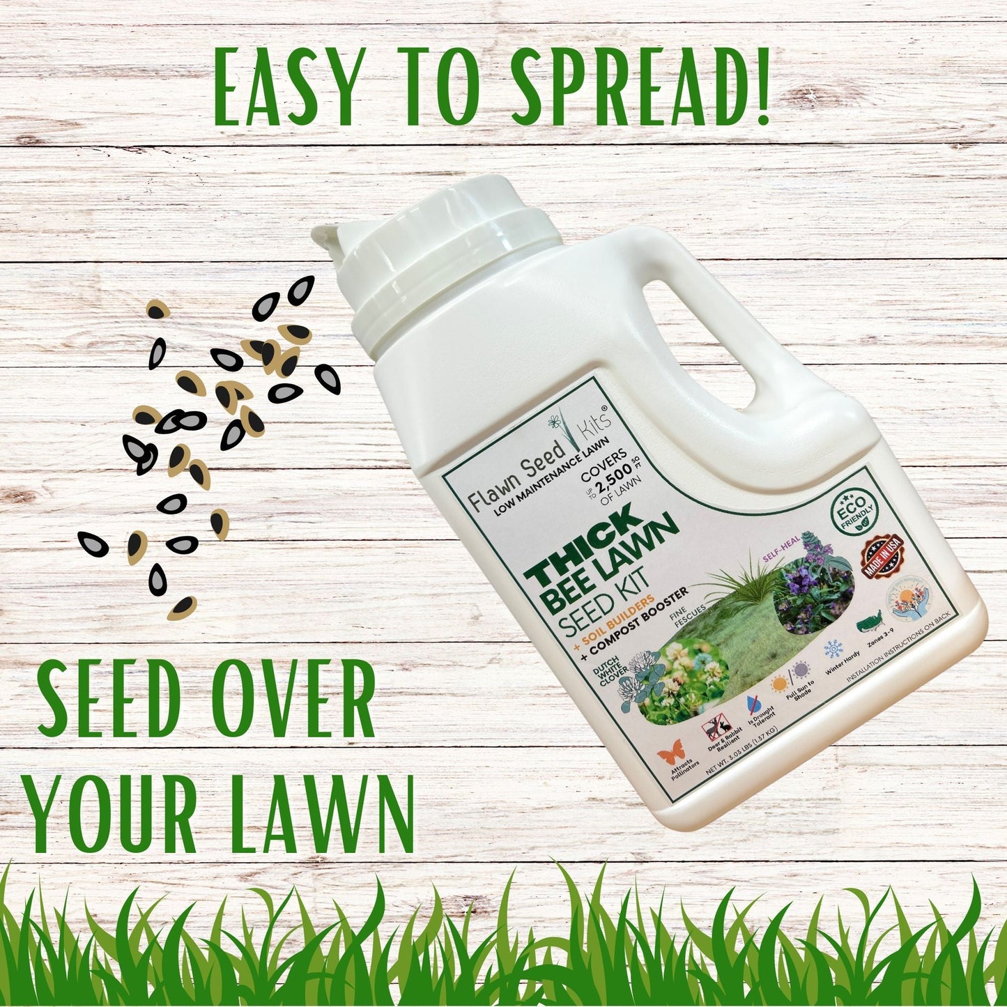 Thick Bee Lawn Seed Kit by Flawn Seed Kits featuring seed tape for growing a 250 sq ft bee-friendly lawn.